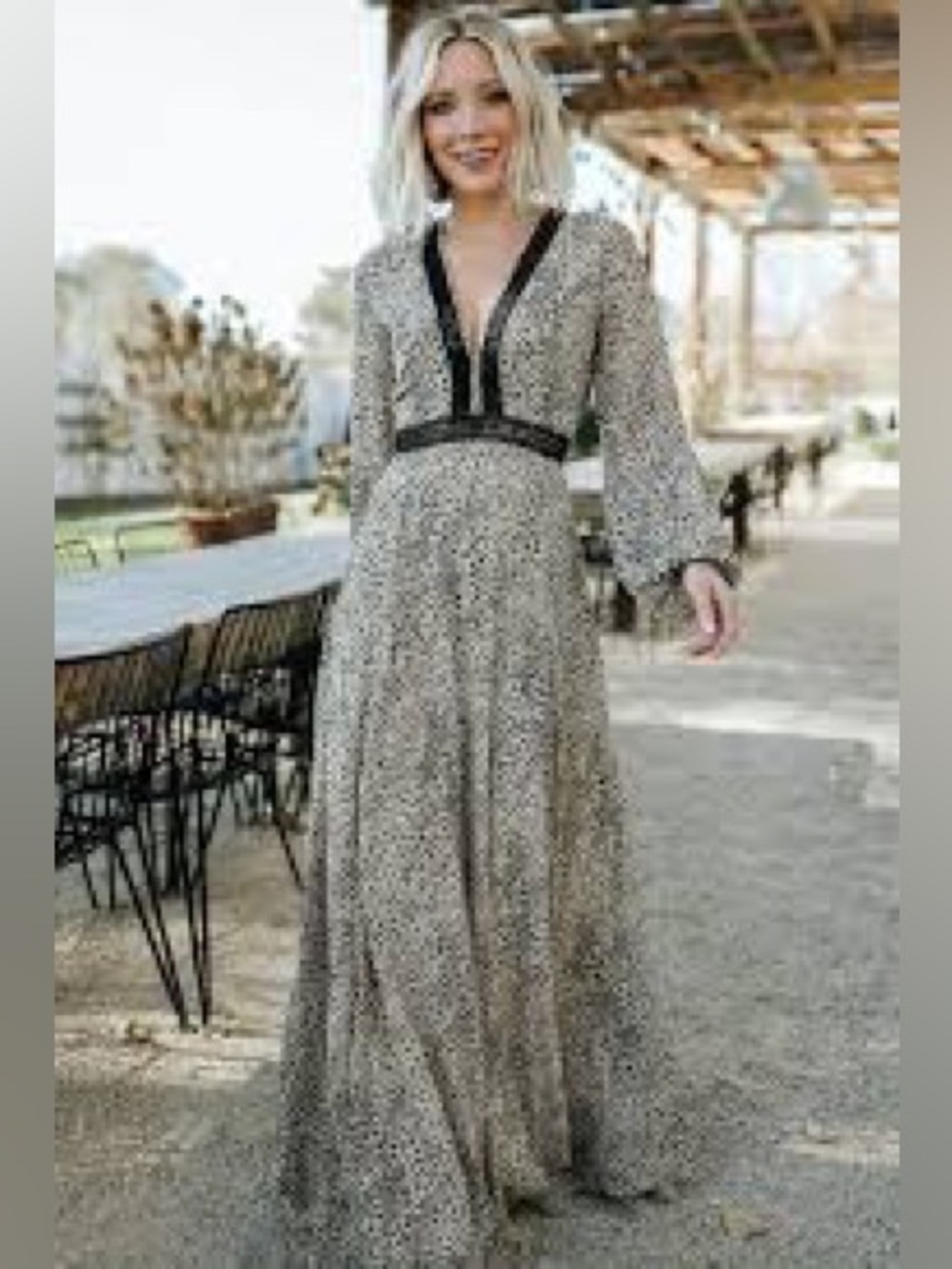 Baltic Born Taupe Printed Long Sleeve Maxi Dress with Black Trim